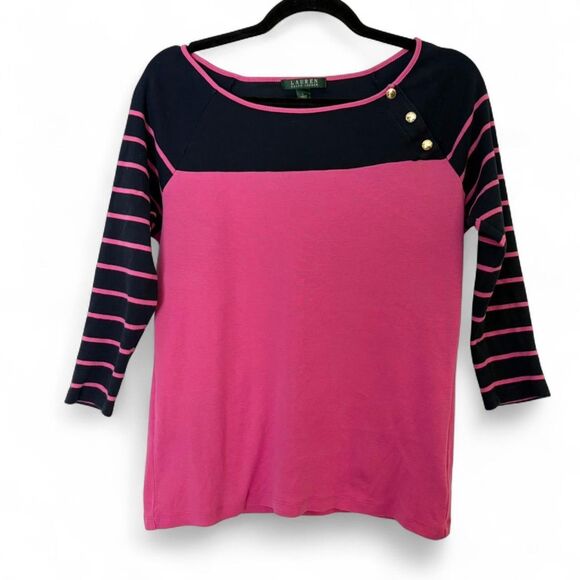 Vintage Lauren Ralph Lauren Navy & Pink Boatneck Cotton 3/4 Sleeve Shirt Size L - Picture 2 of 6